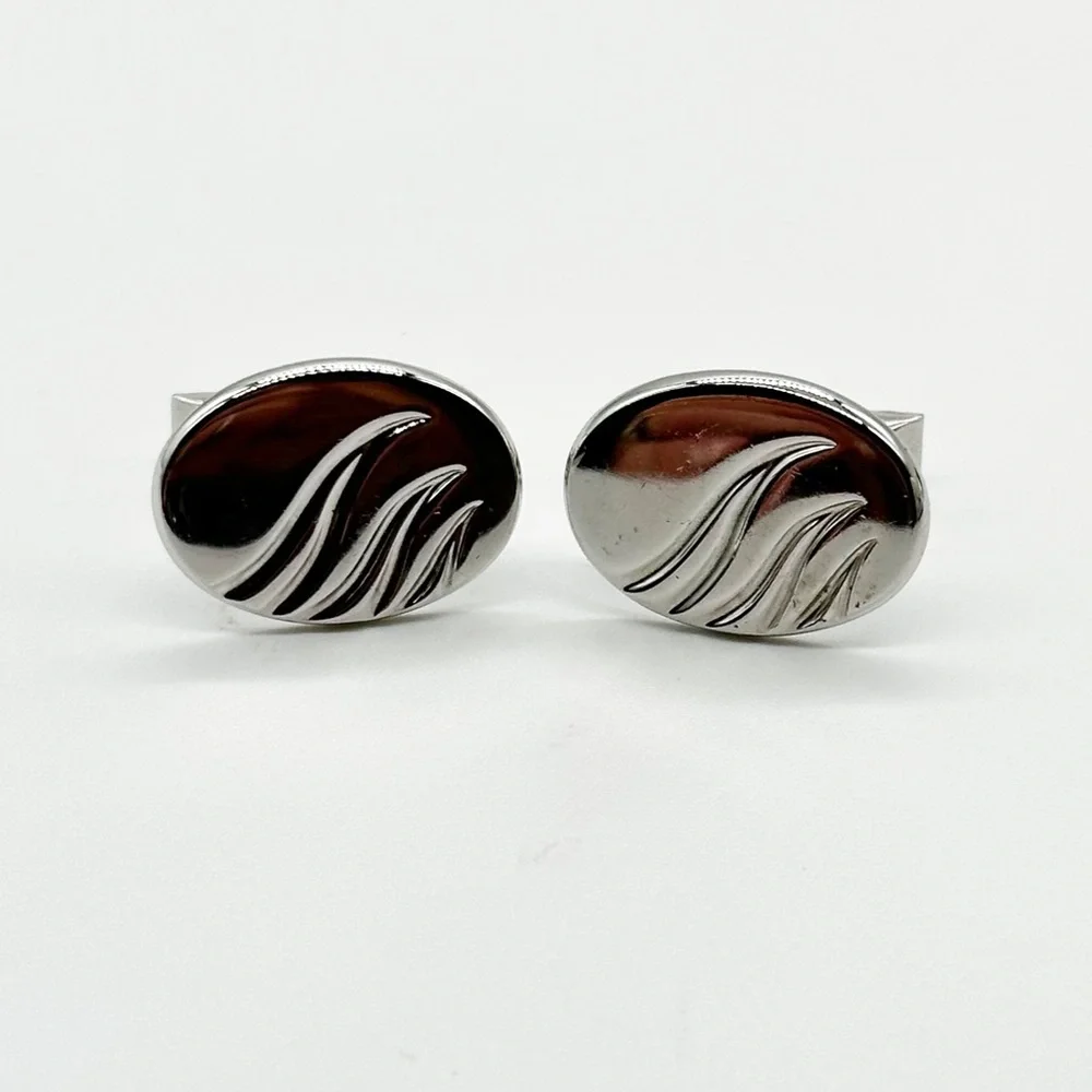Vintage Silver Tone Swirl Design Oval Cufflinks